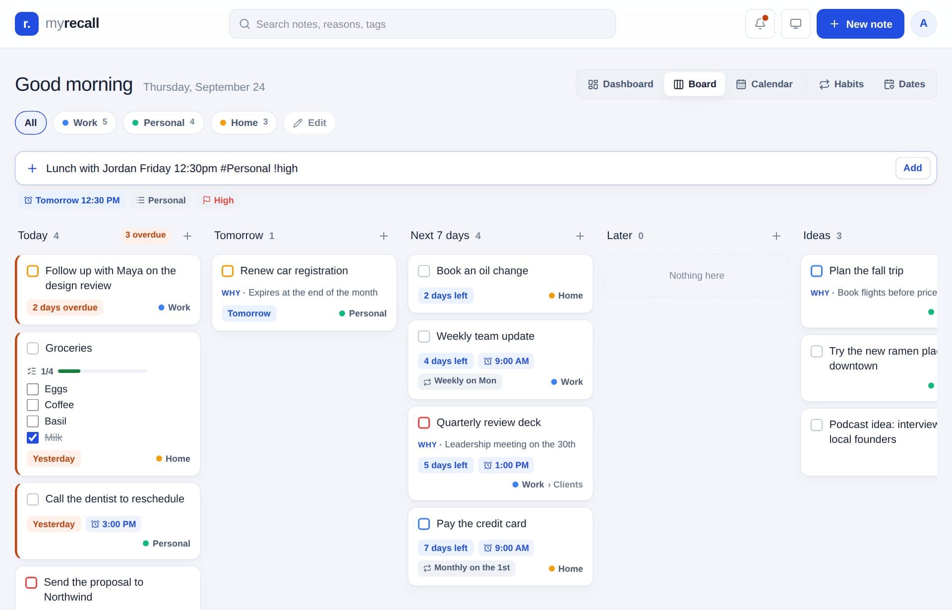 Quick add understanding a typed task, above the board