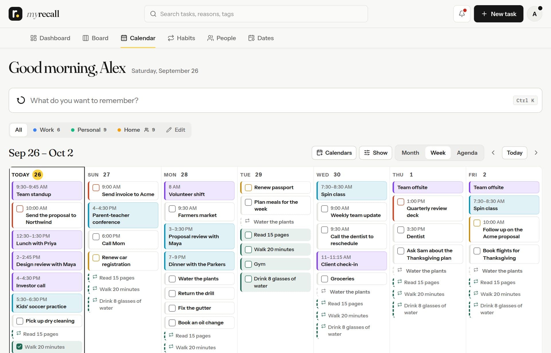 A week in MyRecall: tasks to check off, meetings, and habits, starting today