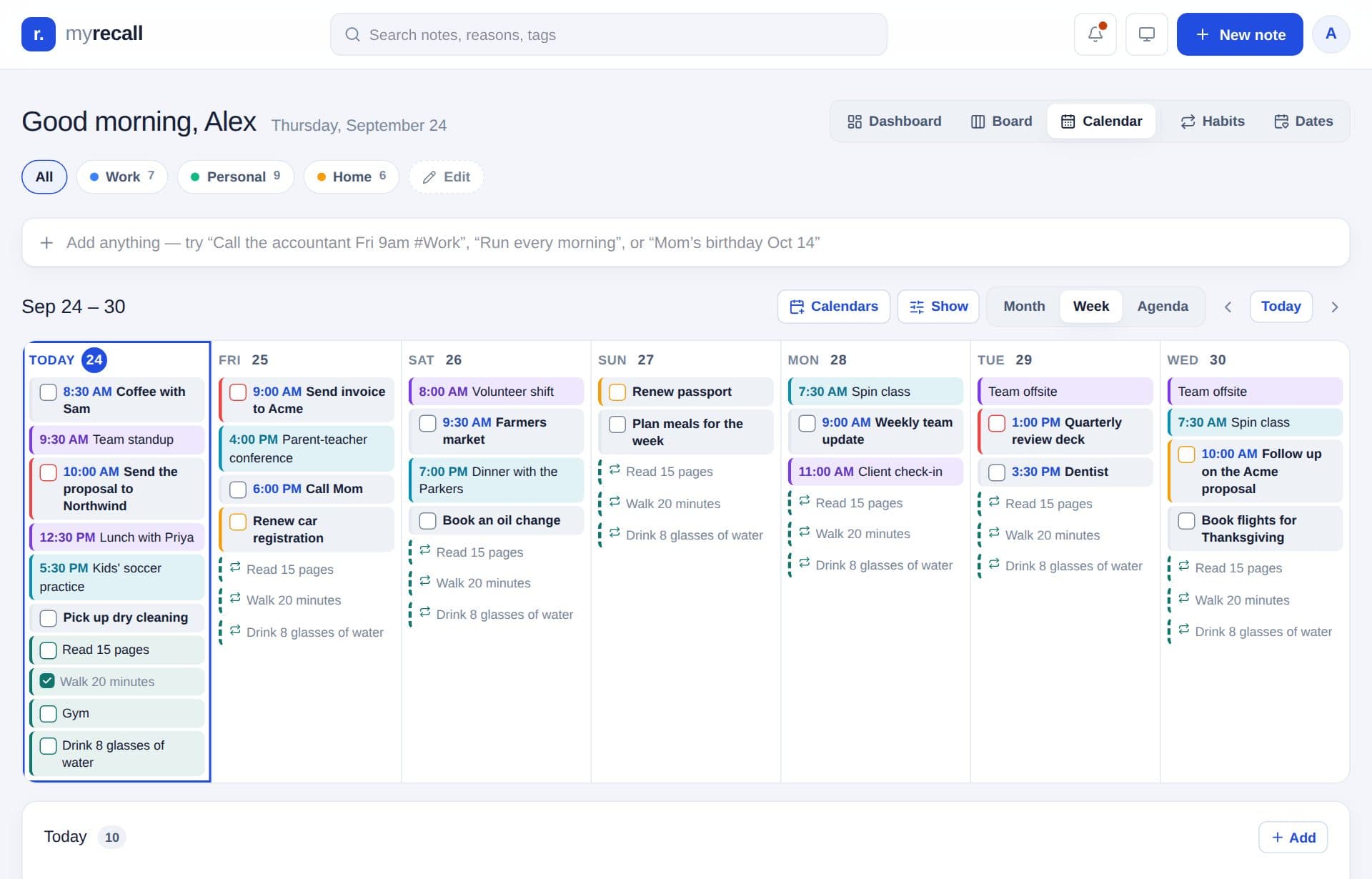 A week in MyRecall: tasks to check off, meetings, and habits, starting today