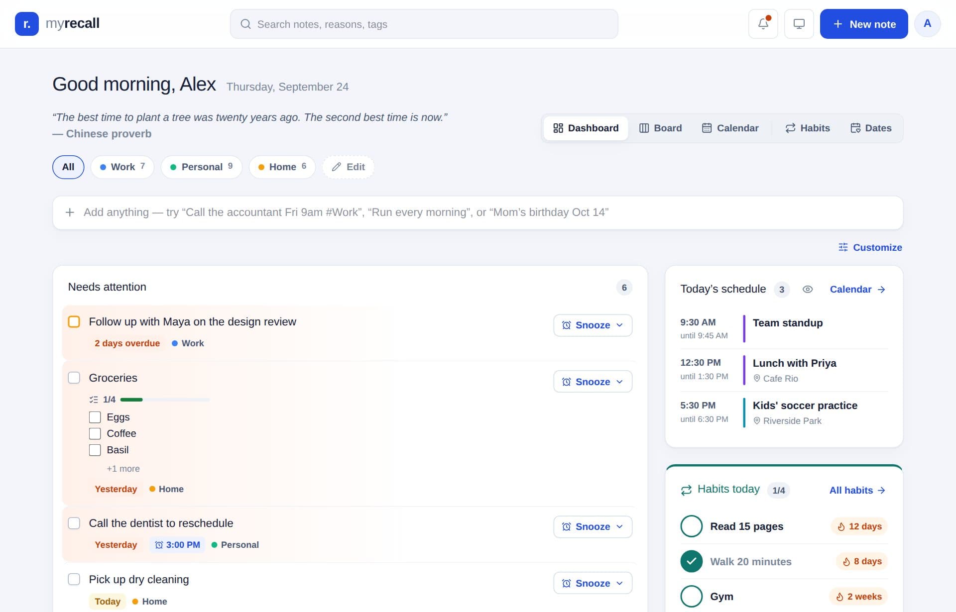 The MyRecall dashboard greeting you by name with a quote of the day, what needs attention, today’s schedule, and habits