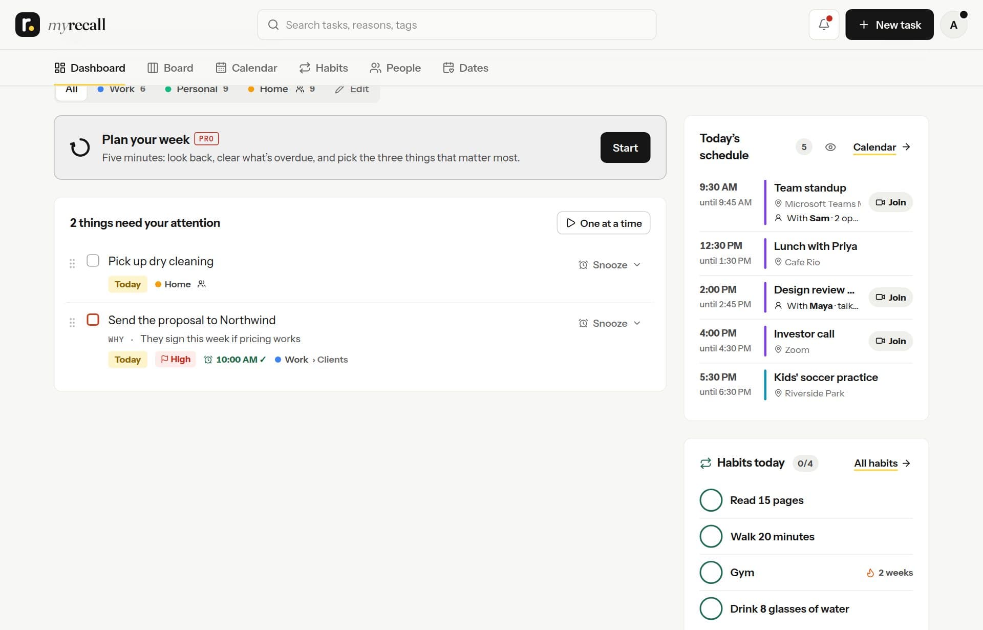 The MyRecall dashboard: today’s 3:00 PM Proposal review shows Sam with 3 things open and Maya with 1