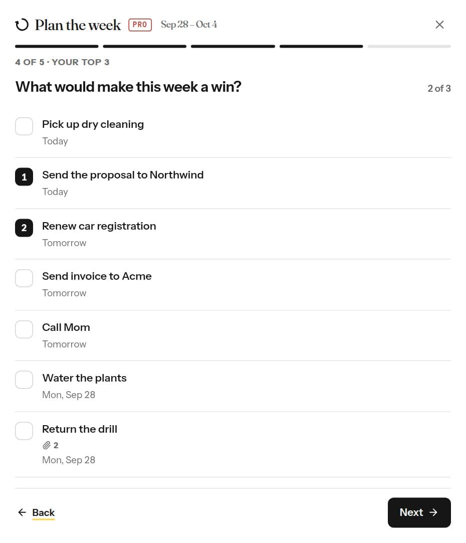 Planning the week in MyRecall: picking the top three things for the week