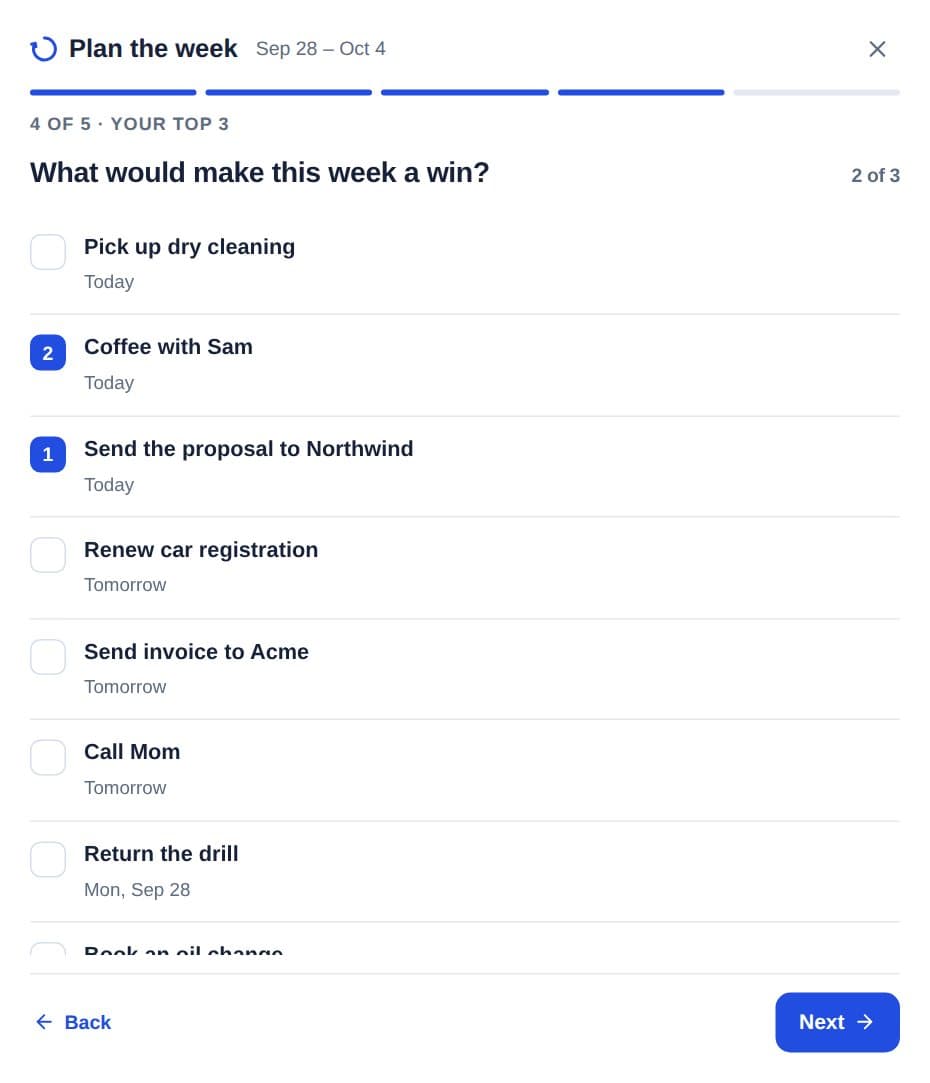 Planning the week in MyRecall: picking the top three things for the week