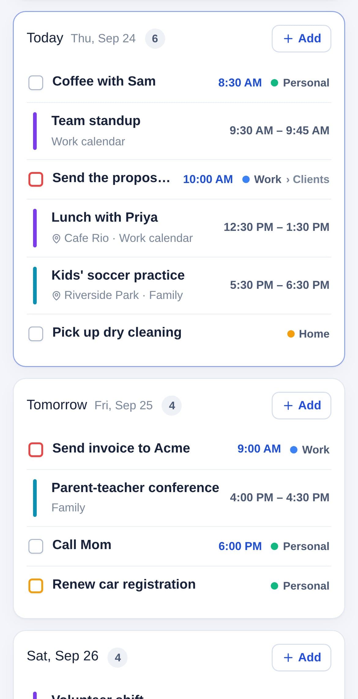 Today on a phone: meetings from connected calendars in order with tasks to check off
