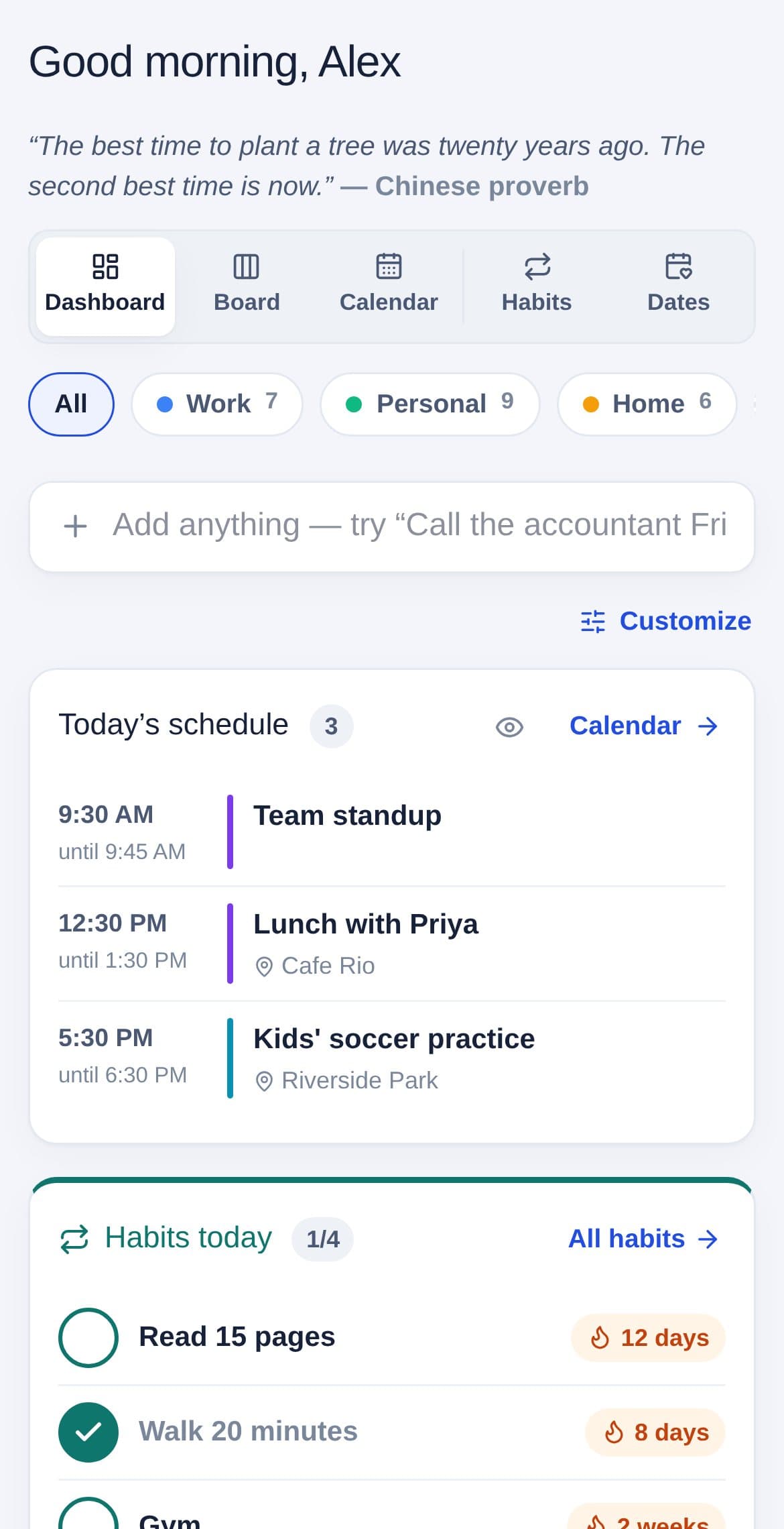 MyRecall on a phone: a good morning, a quote, and today’s schedule