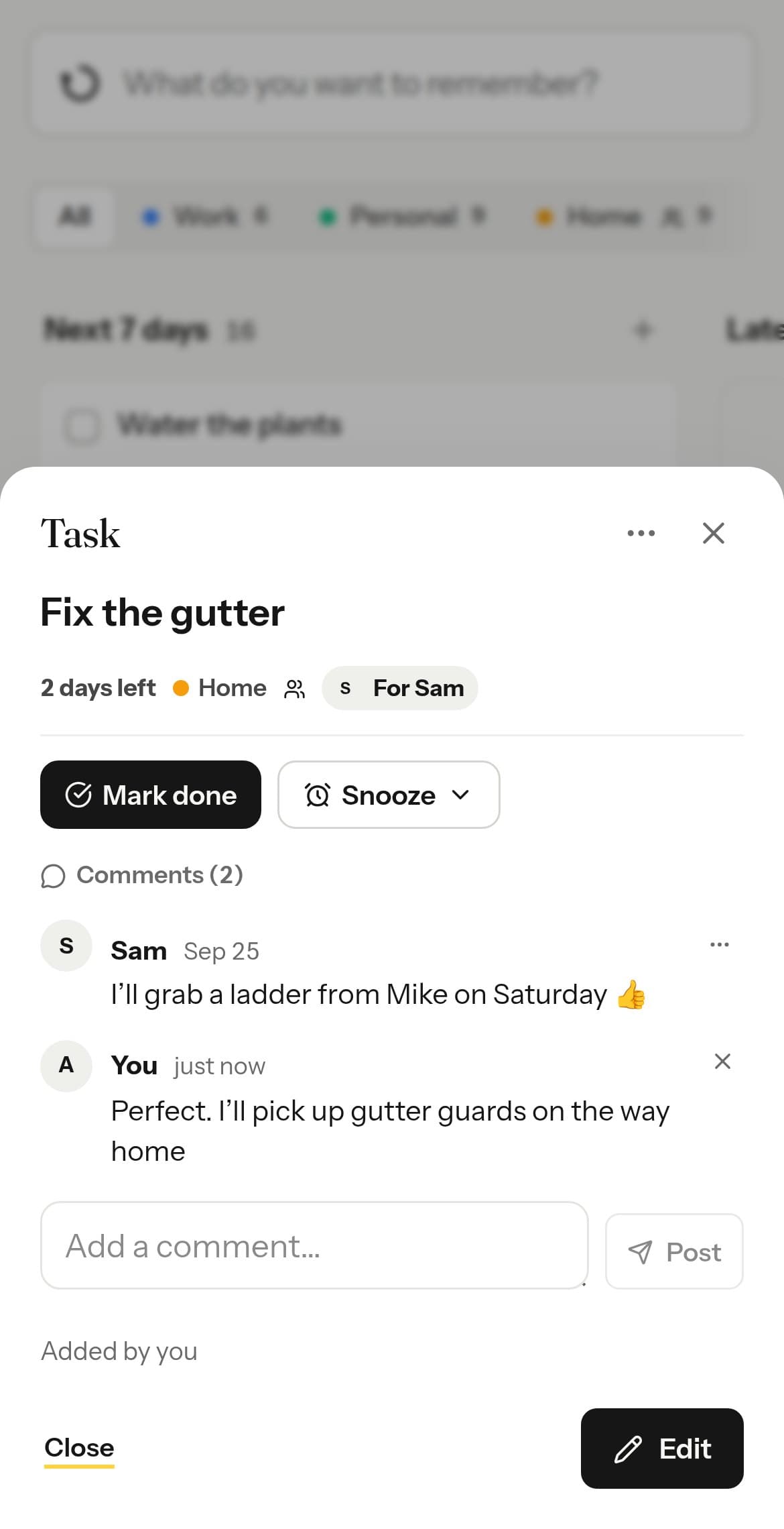 A shared Home to-do on a phone: fix the gutter, for Sam, with Sam and Alex talking it over in the comments