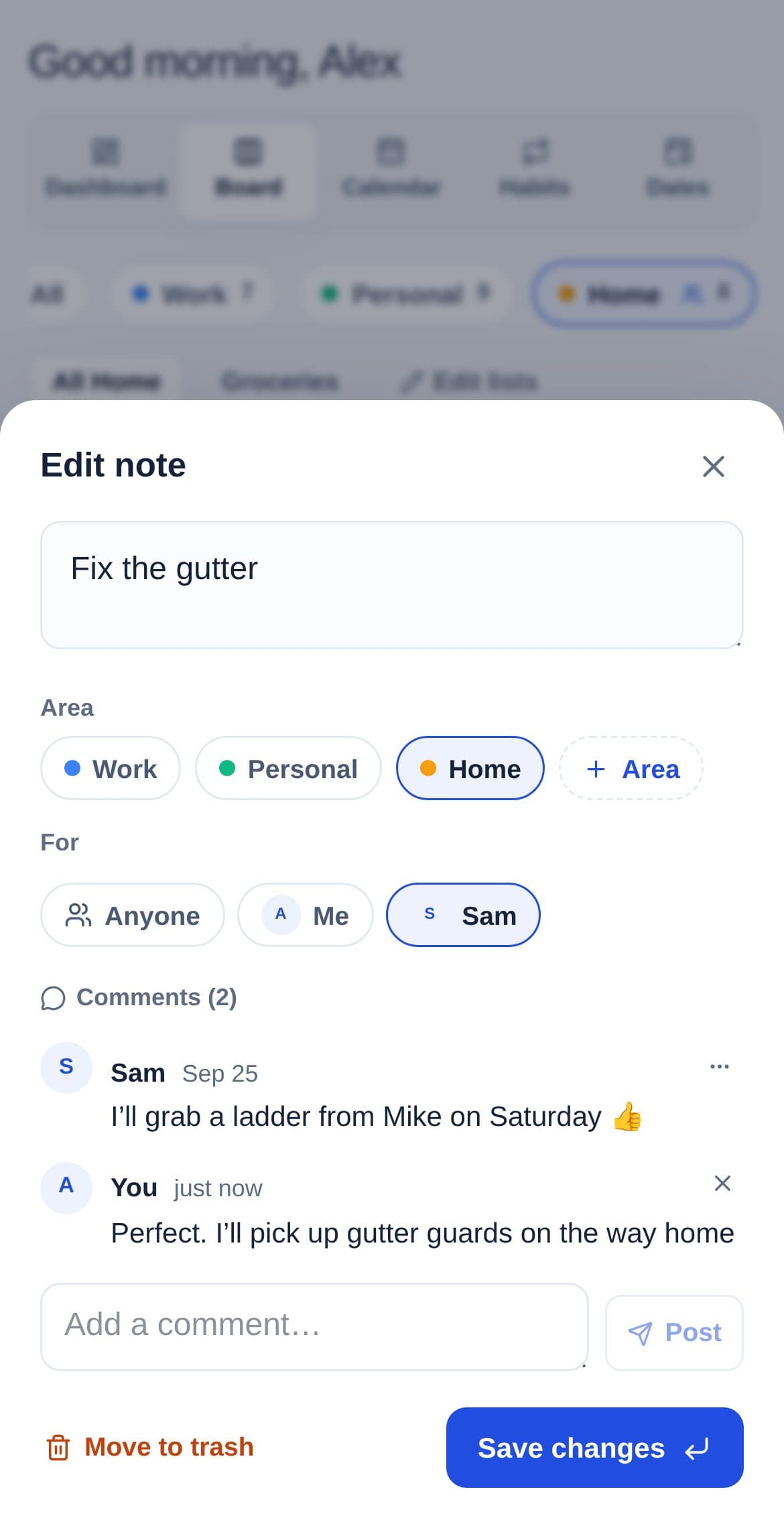 A shared Home to-do on a phone: fix the gutter, for Sam, with Sam and Alex talking it over in the comments