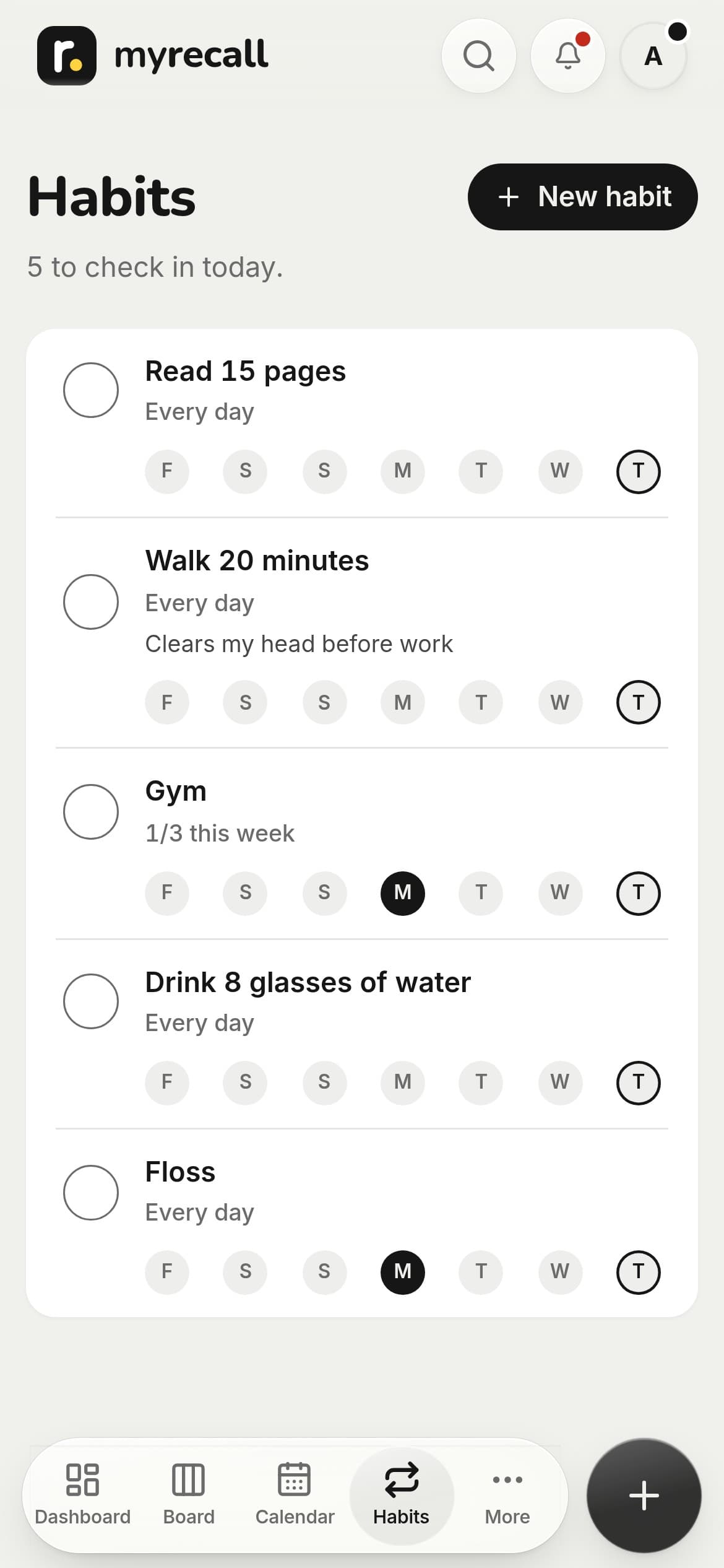 Habits: five to check in today, with the week for each