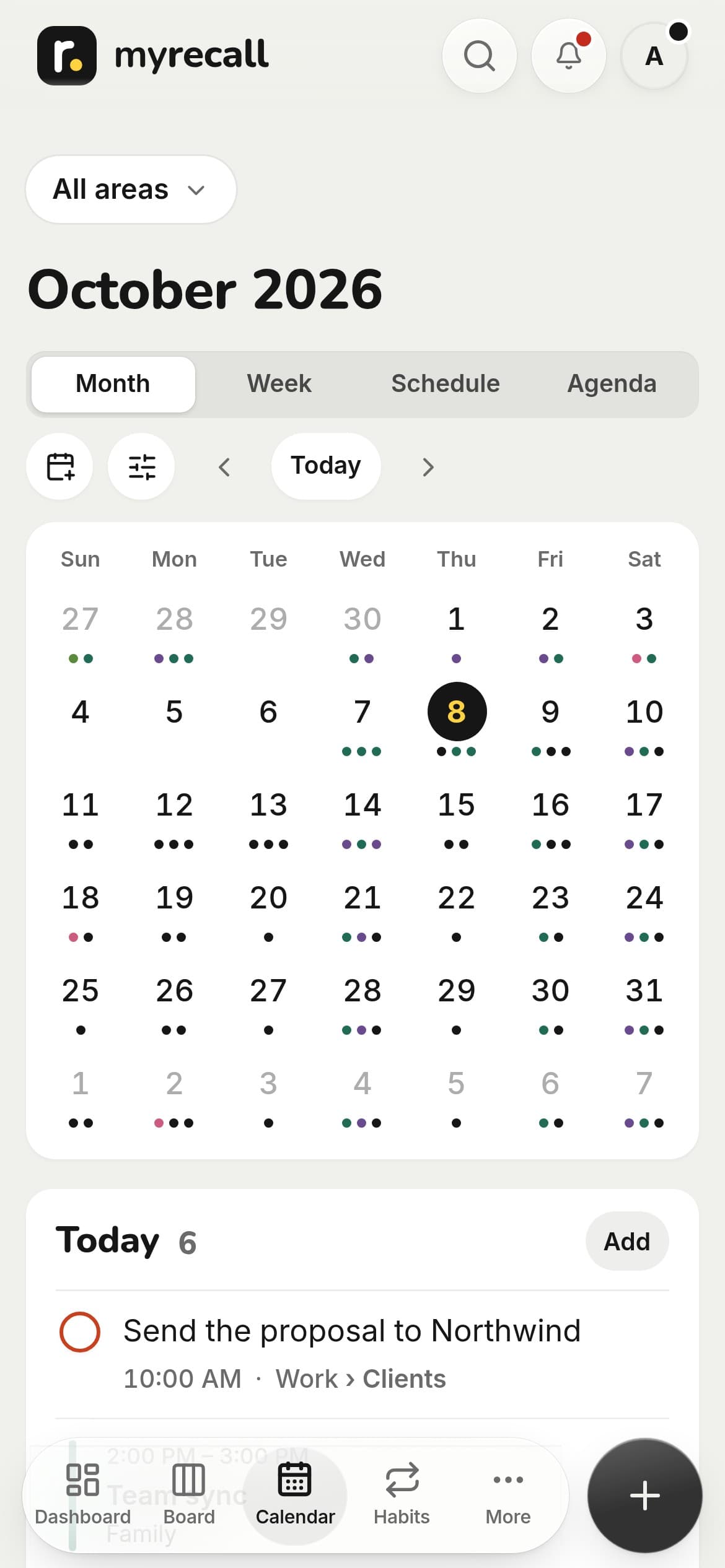 The month calendar, with today in yellow and dots for what’s on each day