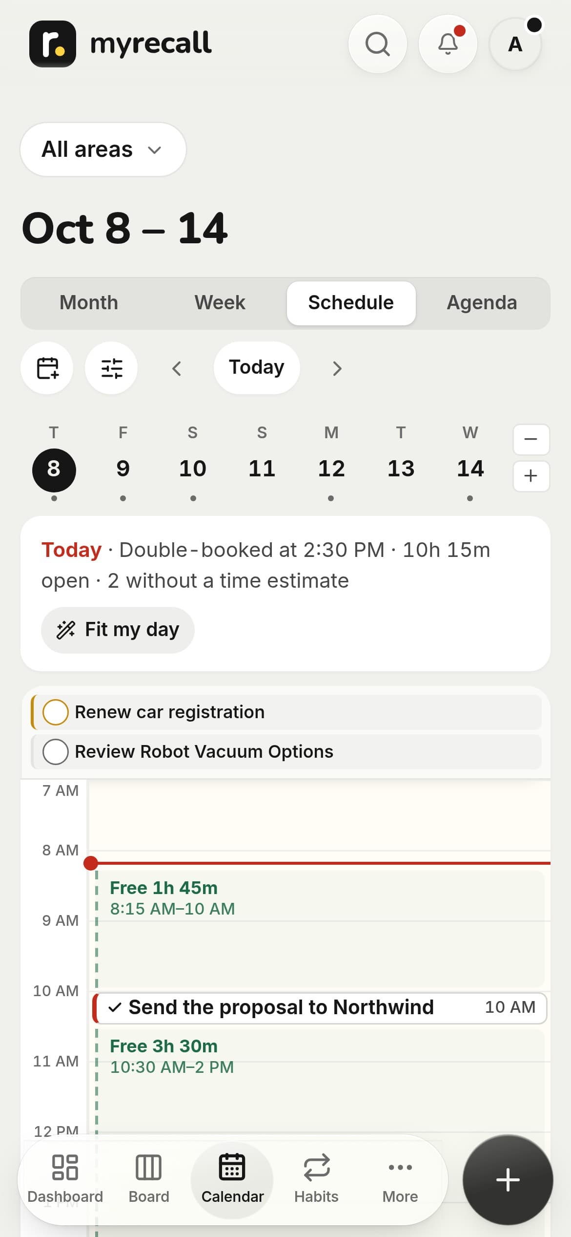 The schedule: a week strip, a heads-up about a double booking, and the day’s timeline with free time marked